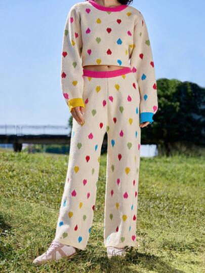 Skyraze Women's Drawstring Waist Heart Embroidery Color Block Wide Leg Pants Sweatpants Valentine's Day