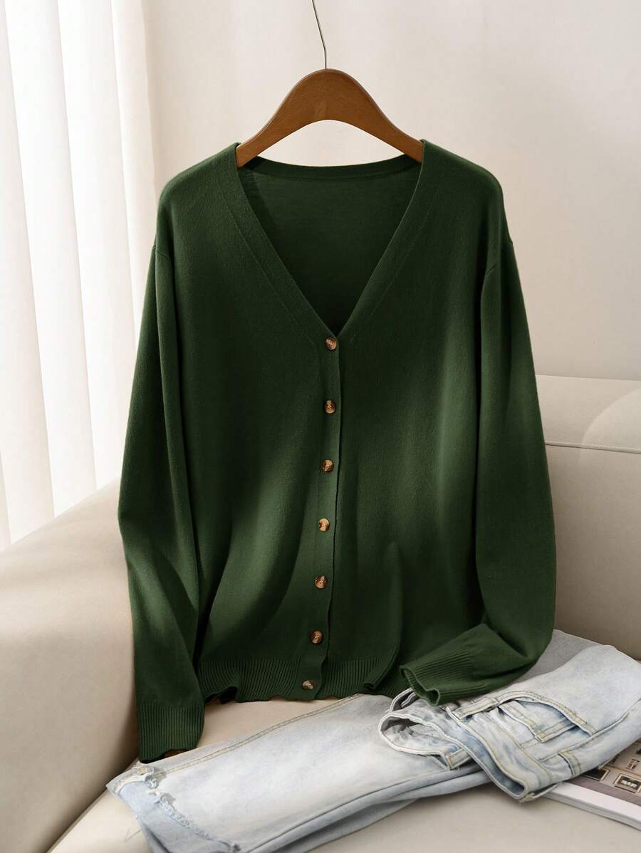 CosyJoli Women Plus Size Casual All-Match Solid Color Cardigan, Versatile, Spring - Army Green - View 1