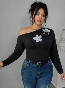 Flirla Damen Große Größen Schwarz & Weiß Blumen Schulterfreies Langarm T-Shirt Grafik Oberteile Damen für den Frühling