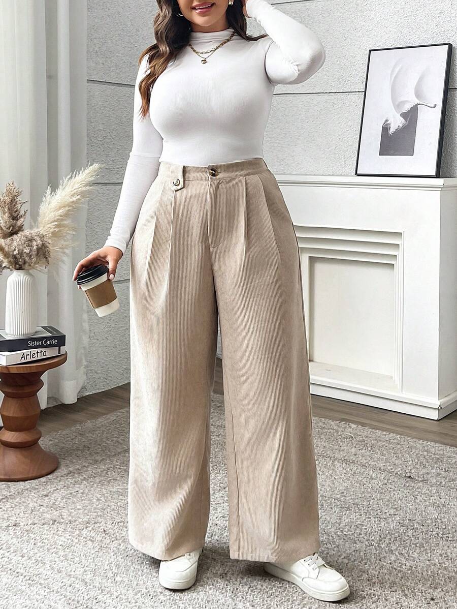 Flirla 大码女式宽松纯色威尔士灯芯绒阔腿裤