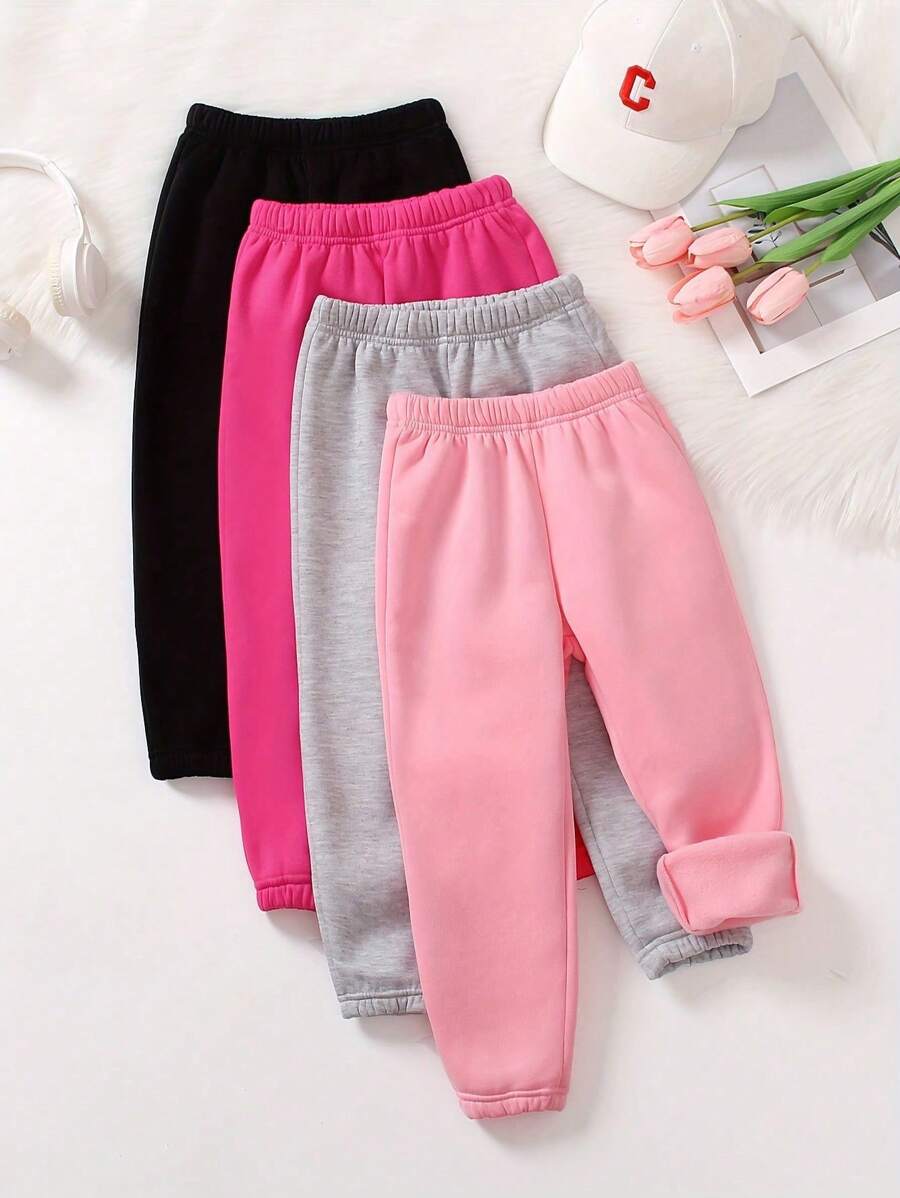 SHEIN Playful Pals 4pcs Casual & Comfortable Plain Baby Girl Sweatpants - Multicolor - View 1