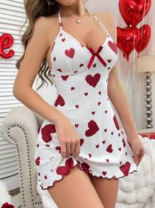 Camisón corto escote en V profundo con estampado de corazones y espalda descubierta para mujer