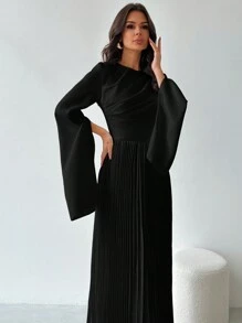 Firerie 优雅浪漫派对褶皱宽松 A 字形白色中长连衣裙，长袖高腰，适合约会、庆典 - 黑色 - 查看 3