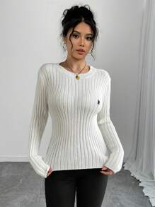 SHEIN Unity Women's Elegant Embroidered Striped Knit Pullover Sweater Knit Pullover Fall Winter - White - View 6