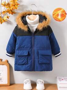 1 pieza Abrigo acolchado con cremallera y capucha de bloques de color para niño bebé, adecuado para otoño e invierno. Esta chaqueta no solo es adecuada para salidas y la escuela, sino también para uso en interiores. Esta chaqueta puede brindar comodidad y calidez a los niños pequeños durante los inviernos fríos. Esta versátil chaqueta es duradera y adecuada para varias ocasiones en la vida diaria de los niños pequeños. - Azul - Ver 1