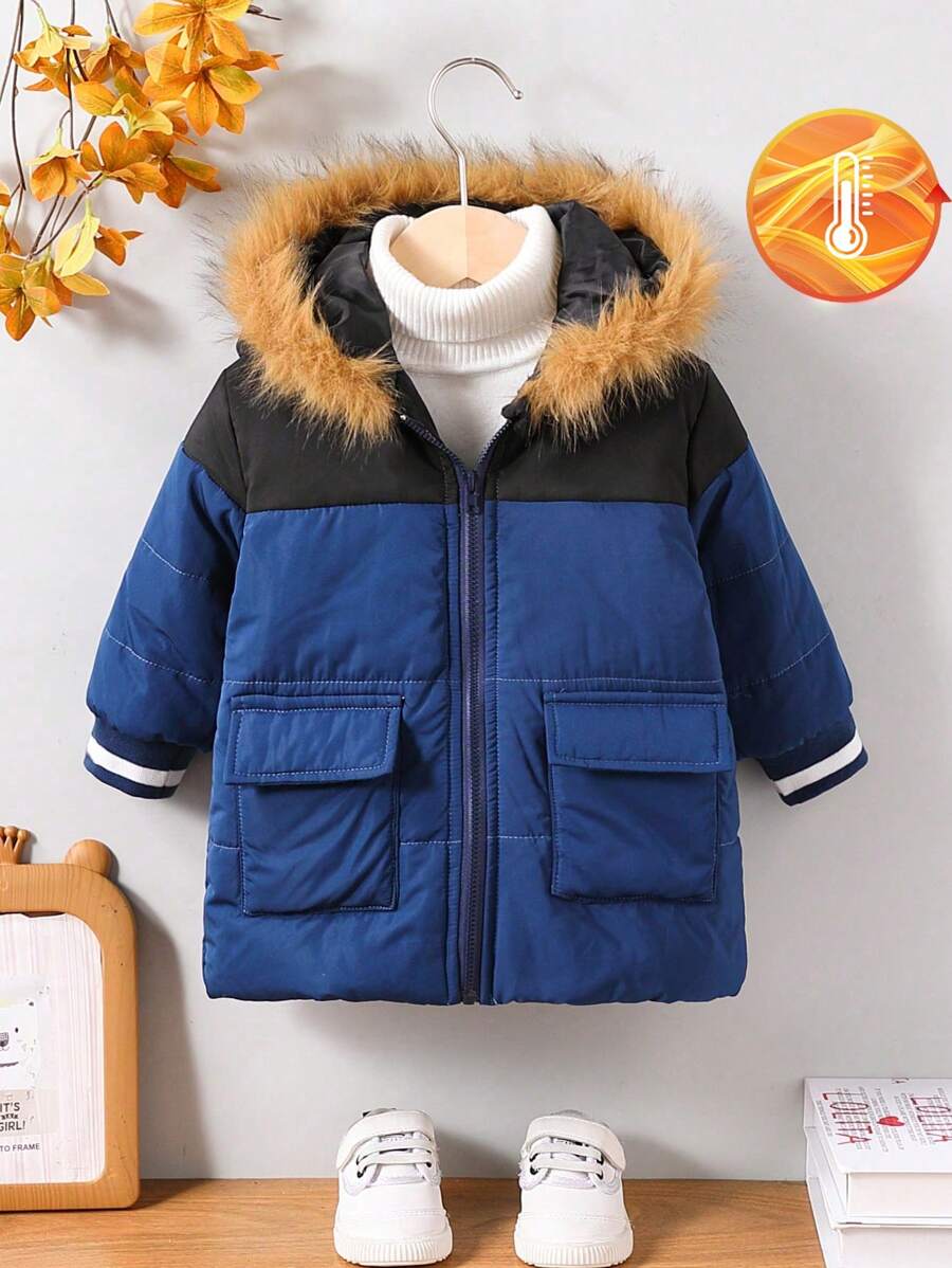 1 pieza Abrigo acolchado con cremallera y capucha de bloques de color para niño bebé, adecuado para otoño e invierno. Esta chaqueta no solo es adecuada para salidas y la escuela, sino también para uso en interiores. Esta chaqueta puede brindar comodidad y calidez a los niños pequeños durante los inviernos fríos. Esta versátil chaqueta es duradera y adecuada para varias ocasiones en la vida diaria de los niños pequeños. - Azul - Ver 1