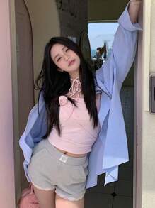 DAZY Chemise à manches longues avec imprimé lettre au dos, surdimensionnée, bleue, pour femmes, printemps/été/automne - Bleu azur - Voir 5