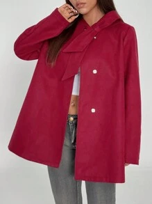 SHEIN Unity Women's Solid Color Crew Neck Tie-Up Long Sleeve Single Button Loose Overcoat, Autumn/Winter For New Year Clothes Fall Cloth For Women - Red - View 5