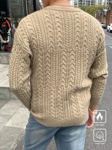 Manfinity CasualKnits 男士纯色圆领毛衣，休闲秋冬 - 橄欖綠 - 查看 2
