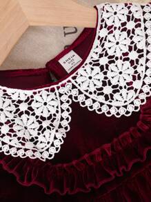 Genkimix Kids Young Girls Black Long Sleeve Ruffle Collar Velvet Long Dress, Casual Everyday Wear, Autumn/Winter - Burgundy - View 3