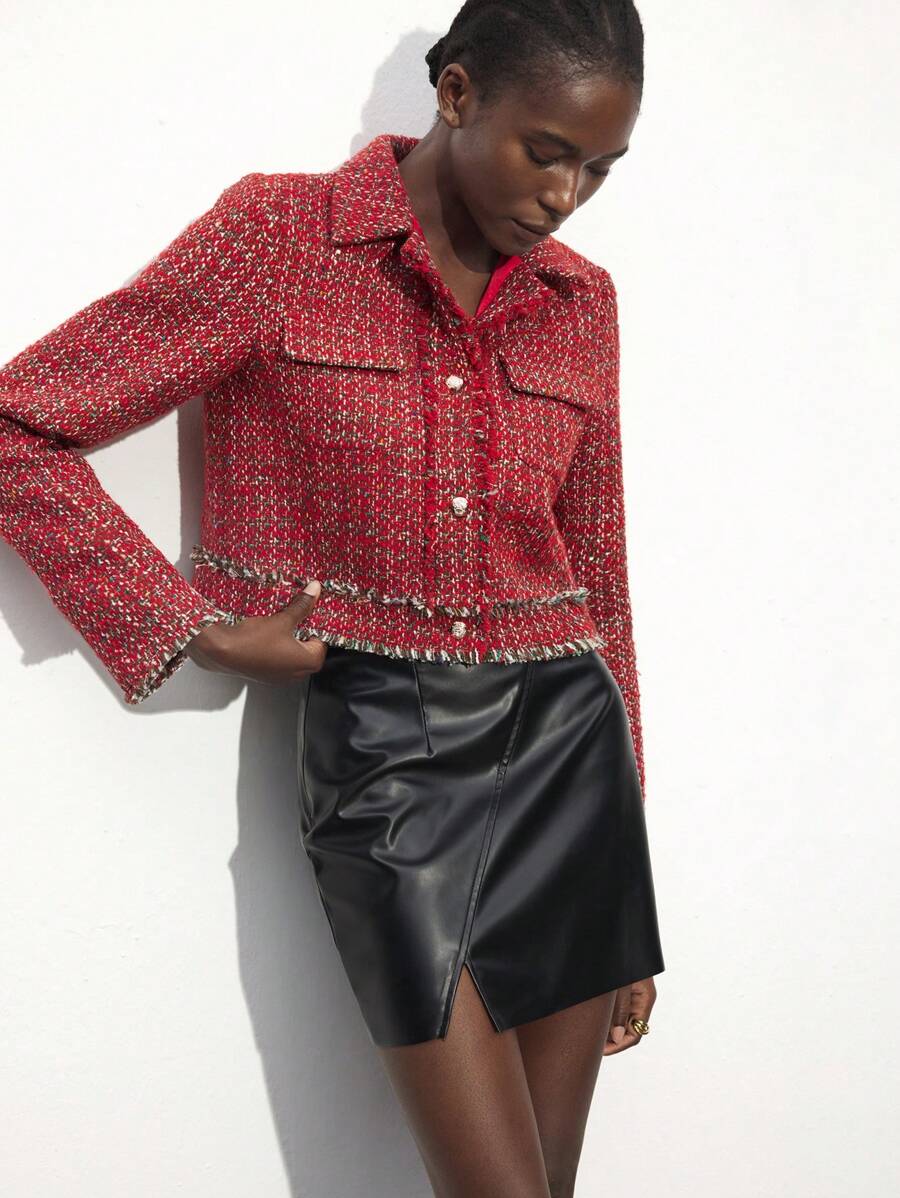 Maija Women's Red Spring Collar Metal Button Front Thick Felt Fabric Gathered Hem Pocket Casual Jacket - Red - View 1