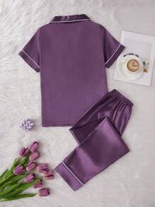 LuxeNights 2pcs/Set Faux Silk Heart Embroidered Short Sleeve Pajama Top And Pants Set - Purple - View 2