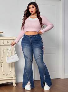 SHEIN MOD Plus Size Skinny Flare Jeans, Blue With Tie Bow Decor