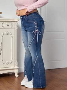 SHEIN MOD Plus Size Skinny Flare Jeans, Blue With Tie Bow Decor