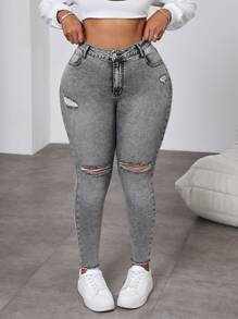 Slaydiva Plus Size Distressed Black Skinny Stretch Denim Jeans, Fall Women Clothes