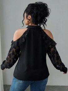 Flirla Plus Size Women Ruffle Off Shoulder Long Sleeve Blouse, Party Wear - Black - View 2