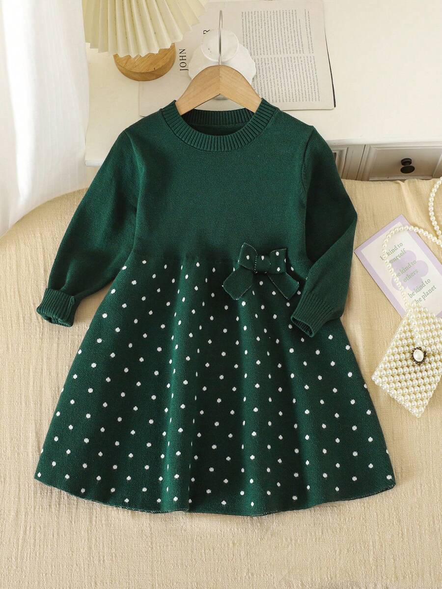 Young Girl Knitted Sweater Dress,Avocado Green,Autumn,Fairy Cute Lively Style Warm Soft Fabric Colorblock Design For Winter,Business,Parties & Play - Dark Green - View 1