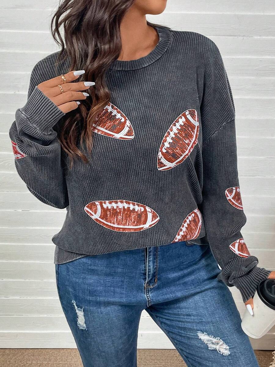 SHEIN LUNE 加大码女式足球图案圆领落肩长袖运动衫，秋冬休闲装，感恩节新年女装，女士热卖