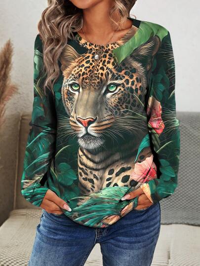 INAWLY 全印花森林动物豹纹长袖圆领T恤，女款春秋季上衣