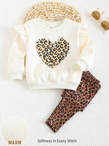 Cozy Pixies 2pcs Baby Girl Heart-Shaped Leopard Pattern Round Neck Ruffle Sleeve Pullover Sweatshirt And Jogger Pants Set , Fall Clothes - Khaki - View 1