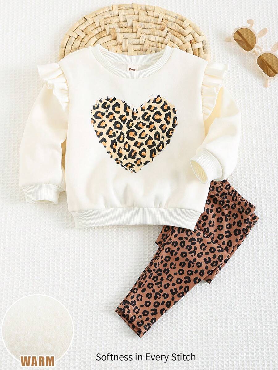 Cozy Pixies 2pcs Baby Girl Heart-Shaped Leopard Pattern Round Neck Ruffle Sleeve Pullover Sweatshirt And Jogger Pants Set , Fall Clothes - Khaki - View 1