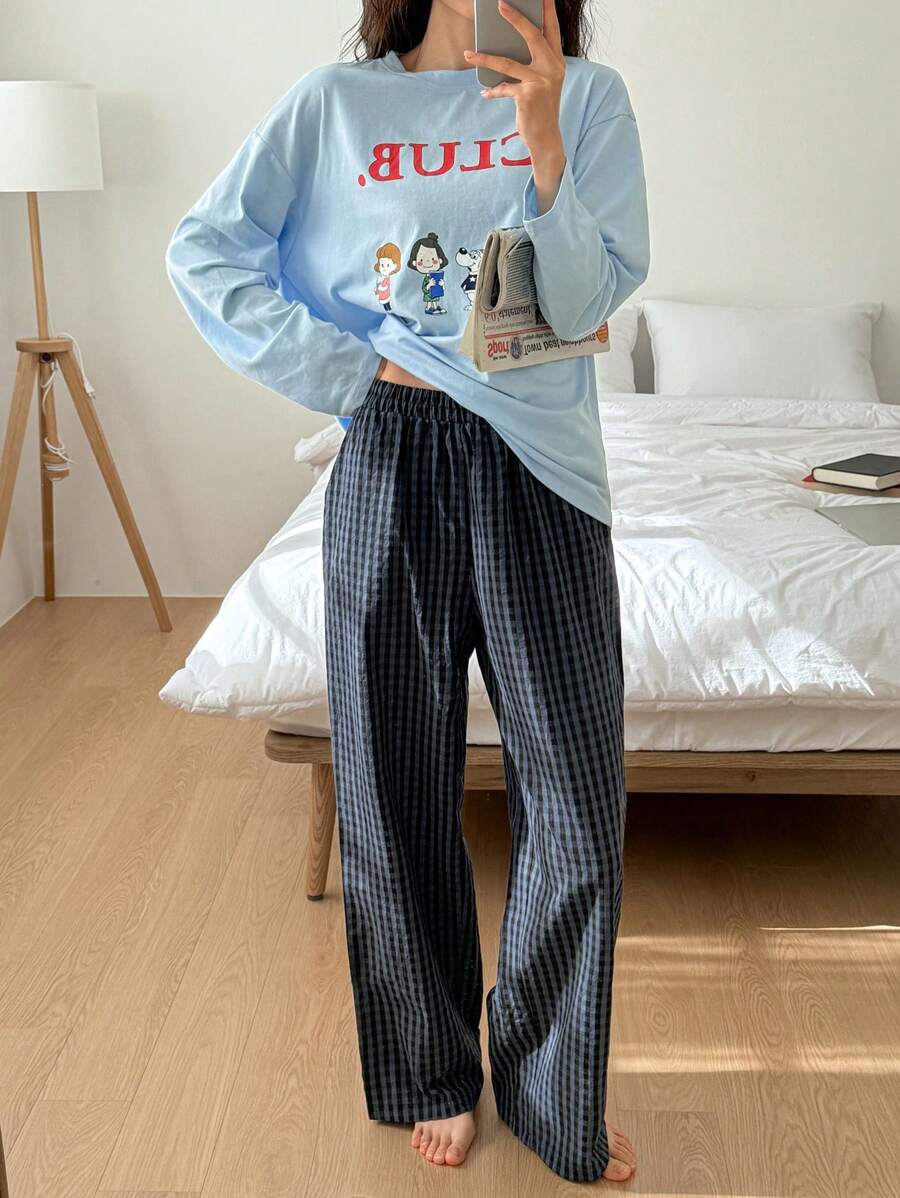 DAZY 可爱卡通印花宽松上衣和格子睡裤套装秋冬