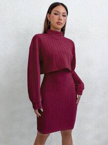Flirla 2pcs Women Autumn Solid High Neck Drop Shoulder Long Sleeve T-Shirt And Fitted Slip Dress Set For New Year Clothes