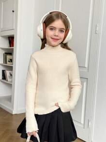Tween Girl Fleece High Neck Frill Trim Casual Warm Sweater For Everyday Wear - Beige - View 3