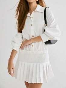 Enchnt Váy sơ mi mini xếp ly viền kim loại màu trắng lãng mạn mùa đông/xuân cho nữ, ngọt ngào, thanh lịch và sành điệu cho ngày lễ tình nhân, tiệc giáng sinh, năm mới, sinh nhật, trang phục ngày lễ, đêm hẹn hò ngọt ngào và đi làm hàng ngày - trắng - Xem 5