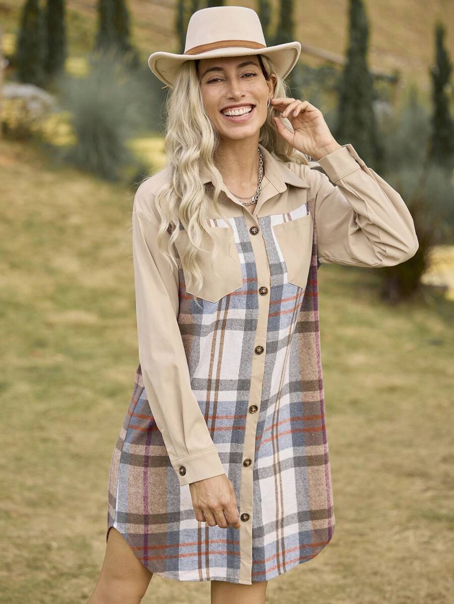 LanaWest 女式格子拼接 H 型衬衫连衣裙，带口袋，翻领，休闲乡村风格，长袖 - 彩色 - 查看 1