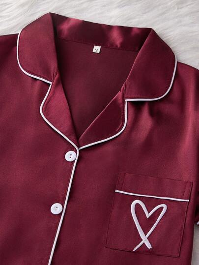 LuxeNights Imitation Zijden Heart Geborduurde Short Sleeve Top Pants Pajama Set view 7