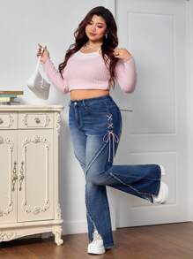 SHEIN MOD Plus Size Skinny Flare Jeans, Blue With Tie Bow Decor