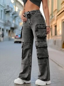 Casual Washed Gray Multi Pocket Straight Leg Cargo Pants