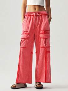 Bohemela 1 pieza Pantalones anchos de punto de unicolor con bolsillos 3D para mujer, ideal para vacaciones
