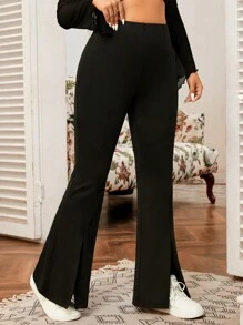 SHEIN EZwear 大码女式纯色高腰休闲百搭开叉裤，冬季 - 黑色 - 查看 3