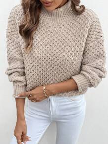 SHEIN LUNE Sweater Kasual Kerah Tegak Warna Polos, Gaya Minimalis untuk Pemakaian Sehari-hari, Pullover Rajut Musim Gugur dan Musim Dingin - Khaki - View 6