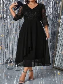 SHEIN Clasi Plus Size Women V-Neck Embroidered Contrast Mesh Elegant Dress Maxi Women Outfit