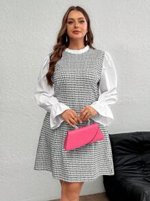 SHEIN Privé Đầm suông chữ A kẻ caro ôm vừa vặn, thanh lịch, trí thức, cao cấp, sang trọng, tiệc trà chiều, hẹn hò, hòa nhạc, tiệc tùng, khối màu, viền bèo nhún, cổ tròn, tay dài, thắt eo - Nhiều màu - Xem 4