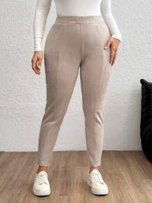 SHEIN Essnce 大碼素色接縫細節緊身打底褲 - 杏色 - 查看 4