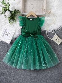 SHEIN Glamorique Kids Young Girl Round Neck Patchwork Sequin Mesh Cap Sleeve Waist Bow Cute Dress