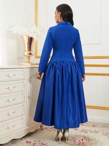 Lyxana Women's Pleated Long Sleeve Dress With Stand Collar, Elegant, Solid Color, Autumn Maxi Women Outfit