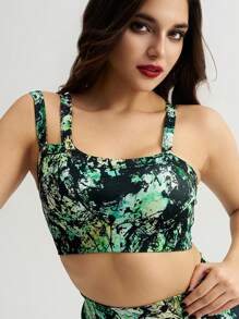 Menodora SHEIN Sport 无缝霓虹女式运动胸罩，全覆盖全身印花厚肩带，适合钢管舞和日常训练 - 綠色 - 查看 1