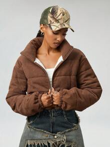SHEIN EZwear Women's Going Out/Basic Corduroy Thermal Lined Keep Warm Zip Up Brown Baggy Quilted Coat,Party / New Year Eve / Streetwear