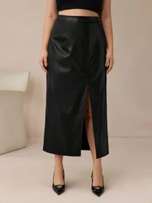 BizChic Women Solid Color Slit Simple Plus Size Casual PU Leather Elegant Commuter Skirt Fall Women Outfits Winter Women Clothes