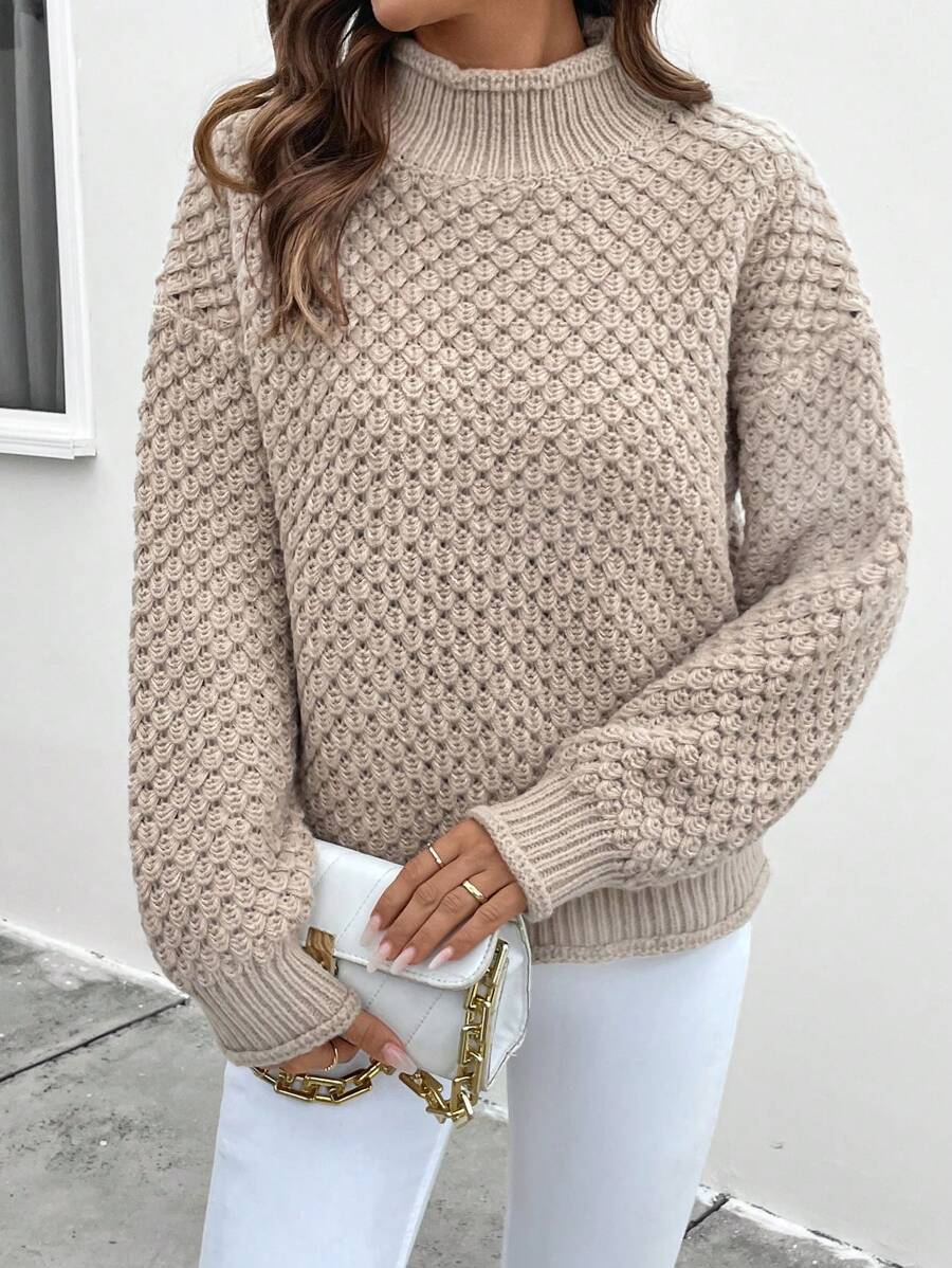 SHEIN LUNE Sweater Kasual Kerah Tegak Warna Polos, Gaya Minimalis untuk Pemakaian Sehari-hari, Pullover Rajut Musim Gugur dan Musim Dingin - Khaki - View 1