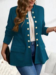 EMERY ROSE Plus Size Women Jacket With Pockets, Minimalist Fashion Casual Daily - Dusty Blue - View 1