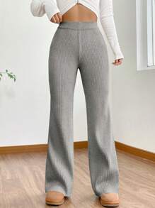 SHEIN EZwear Plus Size Casual Solid Color Flared Sweater Pants, Autumn/Winter - Light Grey - View 5