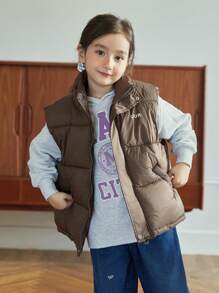 Tween Girls' Loose Casual Minimalist Comfortable Stand Collar Letter Print Sleeveless Warm Cotton Padded Coat