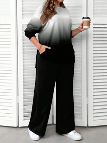 EMERY ROSE Casual Minimalist Ombre Black & White Pattern Loose Fit Crew Neck Long Sleeve Sweatshirt Set, Suitable For Autumn/Winter - White - View 3