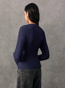 Poéselle Cárdigan de punto liso de manga larga, cuello abotonado, corto y delgado, de unicolor, informal y sencillo, para mujer, jerséis de mujer, prendas de punto, ropa de invierno para mujer, ropa de otoño para mujer, FW24 - Azul Marino - Ver 2